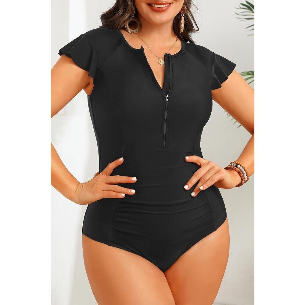 Holipick Black Ruffle Sleeve Zip Front One Piece Swimsuit Size 26 NWT